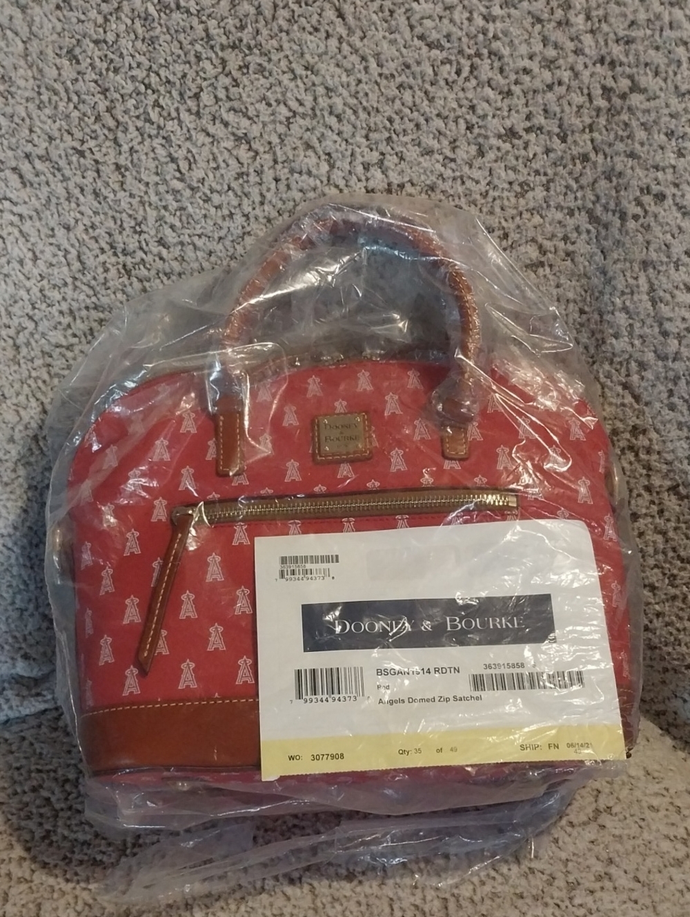 Dooney & Bourke Red Logo Dome Satchel with Tan Trim